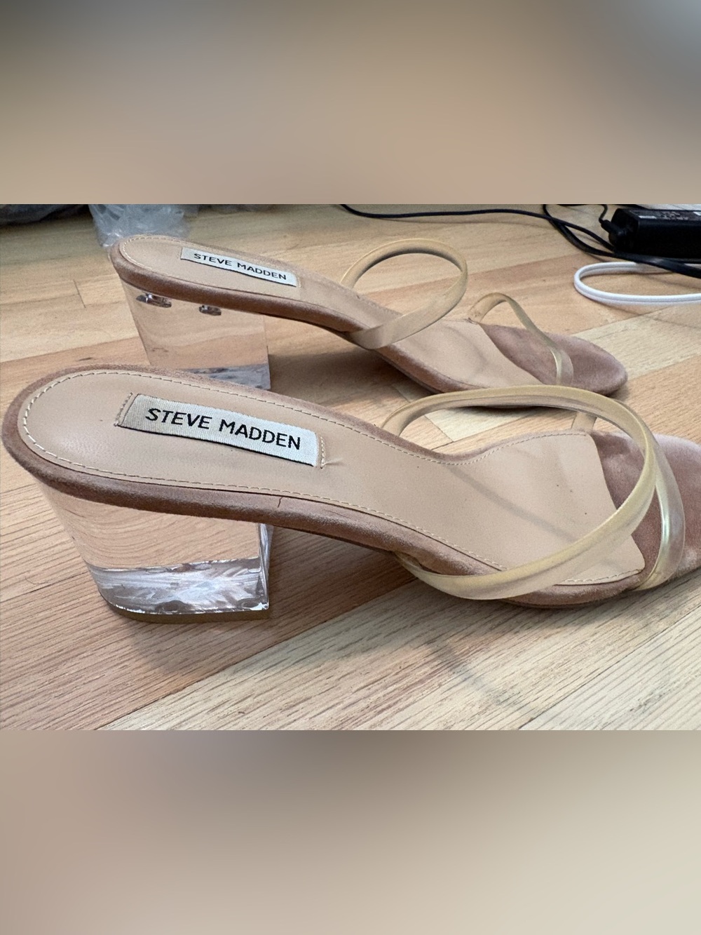 Steve Madden Beige Strappy Block Heel Sandals clear lucite